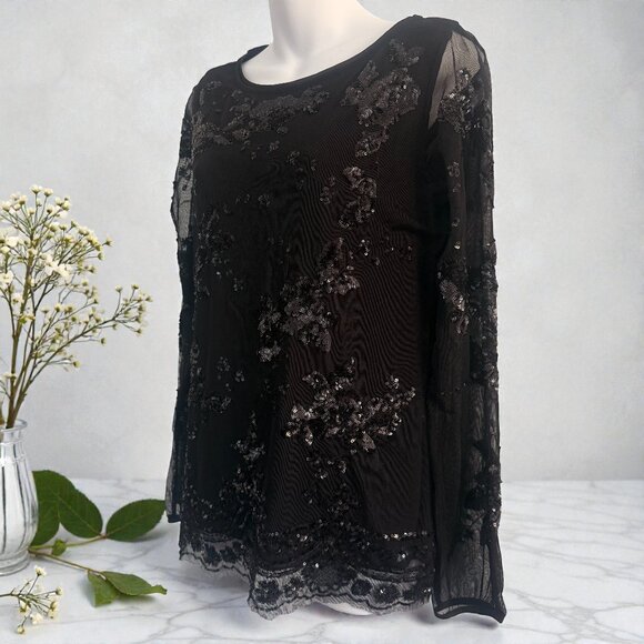 White House Black Market Tops - White House Black Market Black Sequin Mesh Blouse | Size S | NWT